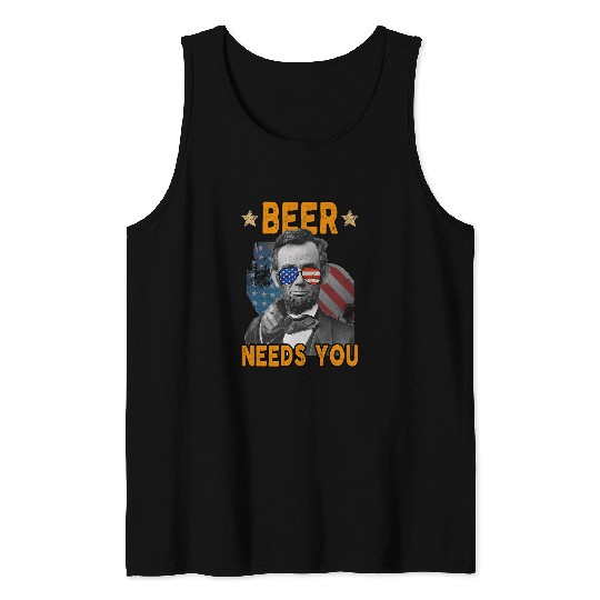 Beer Fun 4th of July Beer Lincoln Men Women USA Merica Flag Tank Tops