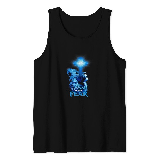 Lion Pet Faith Over Fear Bible Scripture Quote Christian Lion Cross Tank Tops