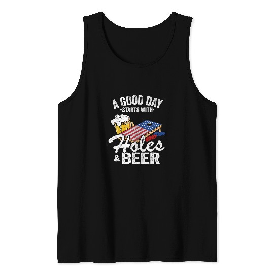 Beer Fun A Good Day Starts With Holes Beer American Flag Cornhole Tank Tops