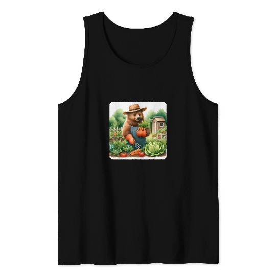 Bear Pet Bear Gardening In A Vegetable Patch Straw Hat Gloves Shed Tank Tops