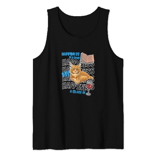 Book Fun Happiness Is Maine Coon Cats Books Wines Cute Cat Lover Tank Tops