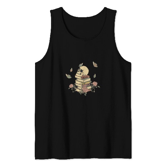 Book Fun Funny Skull Roses And Butterfly Book Death By TBR Bookish Tank Tops
