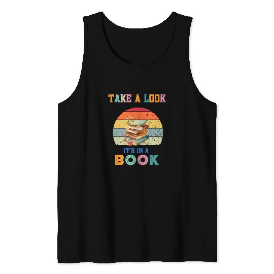 Book Fun Take a look its in a book retro rainbow reading librarian Tank Tops