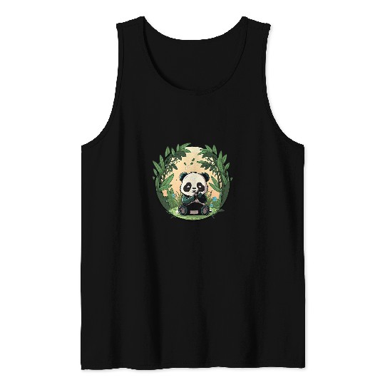 Panda Pet Feasting Kawaii and Hungry in Bamboo Forest China Tank Tops