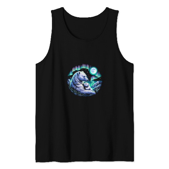 Bear Pet Mother and Baby Polar Bear Under Northern Lights and Moon Tank Tops
