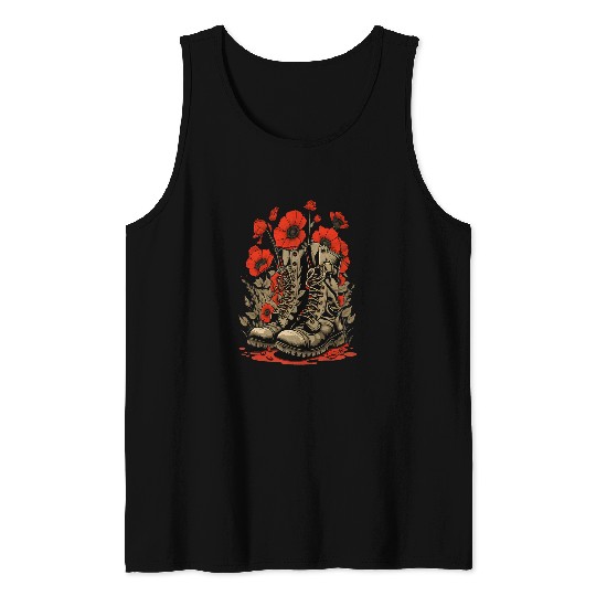 Memorial Day Red Poppy Flower Military Boots 4th of July Tank Tops