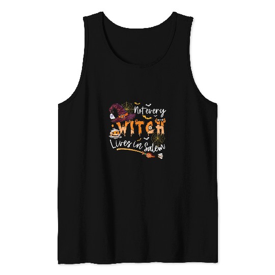 Funny Spider Witch Lives In Salem Broom Halloween Spooky Boo Tank Tops