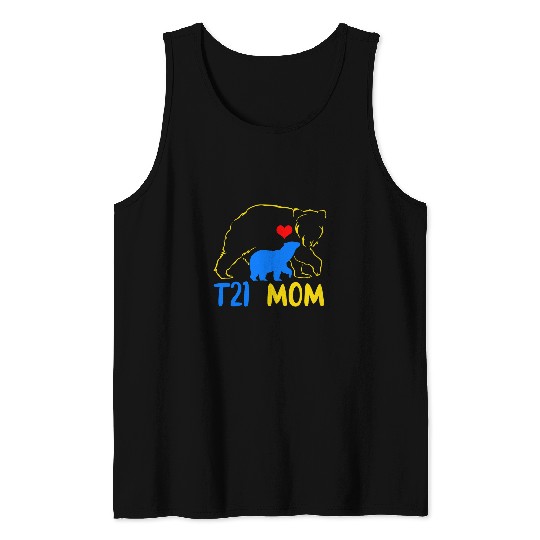 Bear Pet T21 Mom Bear Down Syndromes Awareness Yellow Blue Ribbon Tank Tops