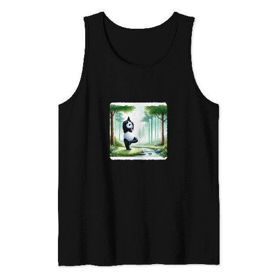 Panda Pet Practicing Yoga In A Forest Clearing Trees Stream Tank Tops