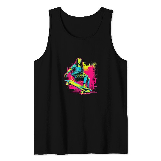 Funny Mona Lisa Skateboarding Cool Retro Y2K EDM 4 Tank Tops