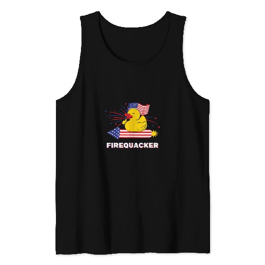 Duck Pet Funny 4th July Firequacker Rubber Duck Riding A Firework Tank Tops