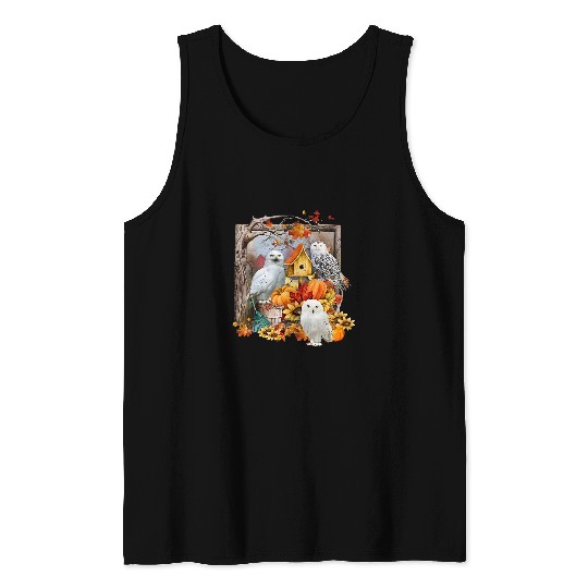 Owl Pet Nest Box With Pumpkin Maple Leaves In Autumn Season Tank Tops