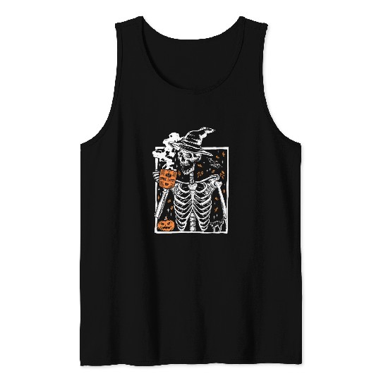 Coffee Fun vintages Halloween Skeletons Drinking Pumpkin Spice Latte Tank Tops
