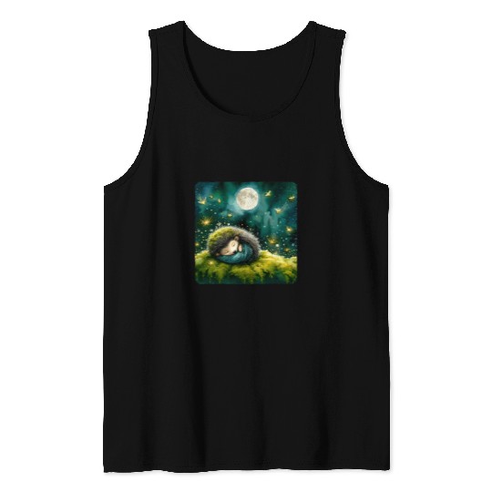 Hedgehog Pet Sleeping On Moss Fireflies Around Sleep Moss Tank Tops