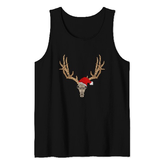 Funny Pixelated Deer Rack Skull With Santa Hat Hunting Men Tank Tops