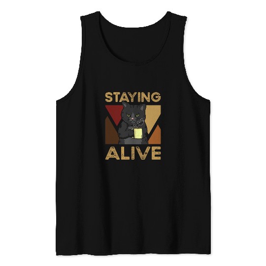 Coffee Fun Staying Alive Black Coffee Cat Tank Tops