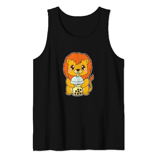 Lion Pet Kawaii Cute Boba Lion Leo Cat Banana Bubble Pearl Milk Tea Tank Tops