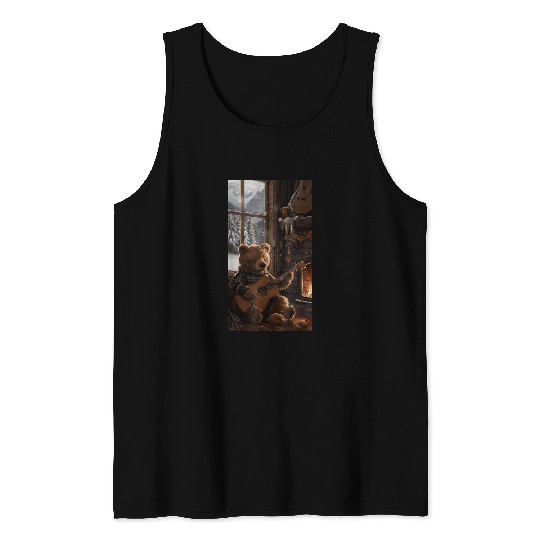 Bear Pet Bear Bear Guitar Sweater Winter Fireplace Music Tank Tops