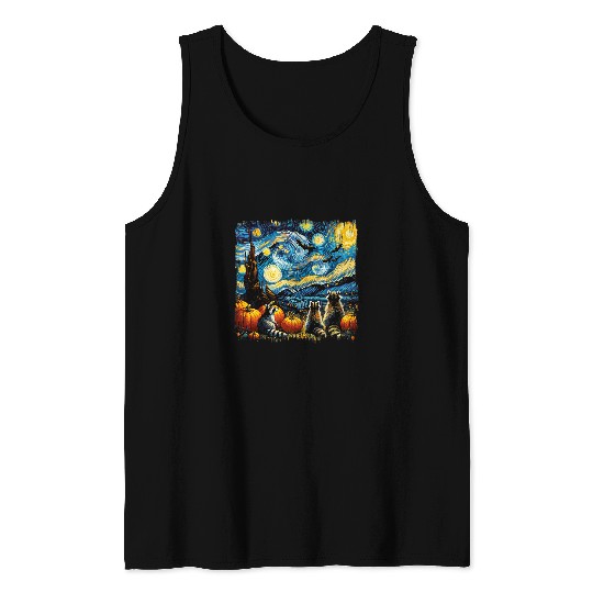 Raccoon Pet Halloween Van Gogh Starry Night Pumpkin Bats Tank Tops
