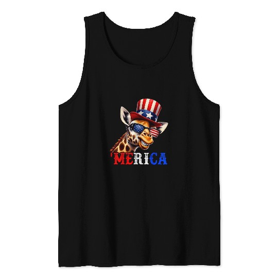 Giraffe Pet Merica Giraffe Patriotic 4th of July Funny Kids Men Women Tank Tops