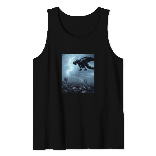 Dragon Pet Black Dragon flying over city during thunderstorm lightning Tank Tops
