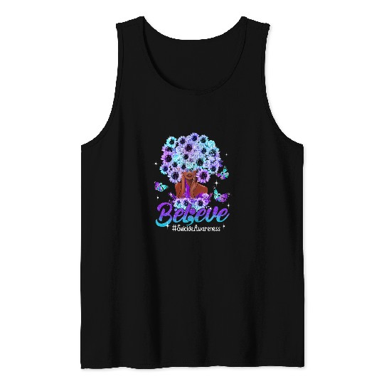 Believe Black Women Sunflower Hair suicides Awareness Tank Tops