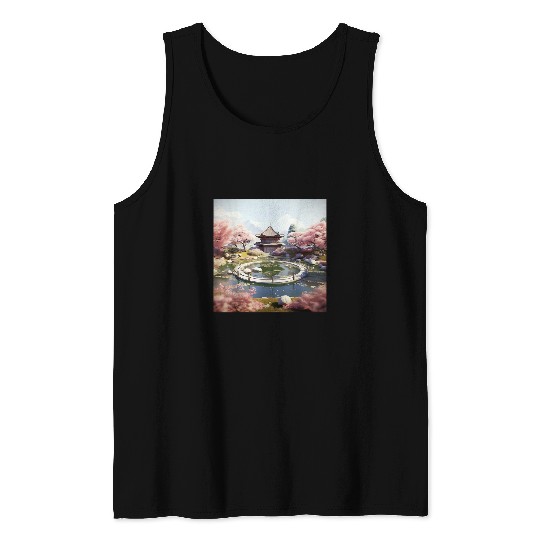 Circular Oasis Korean Serenity Amid Reflective Waters Tank Tops