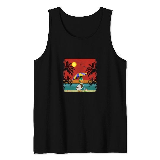Duck Pet Beach Coconut Tree Retro Graphic Duck Lover Summer Tank Tops