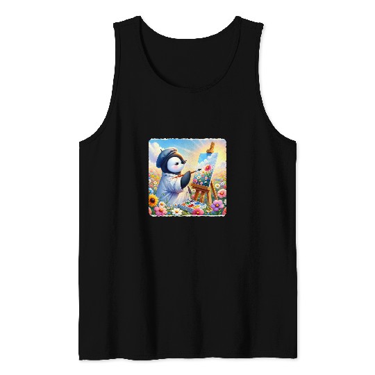 Penguin Pet Drawing Flowers In A Field On A Clear Day Beret Tank Tops