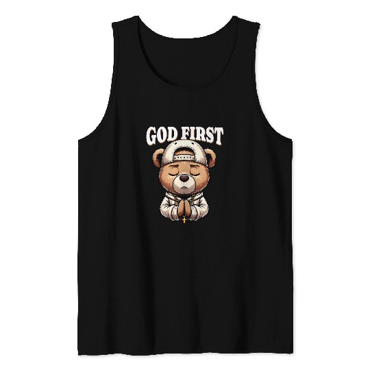 Bear Pet God First Hip Hop Teddy Bear Cross Christian Streetwear Pray Tank Tops