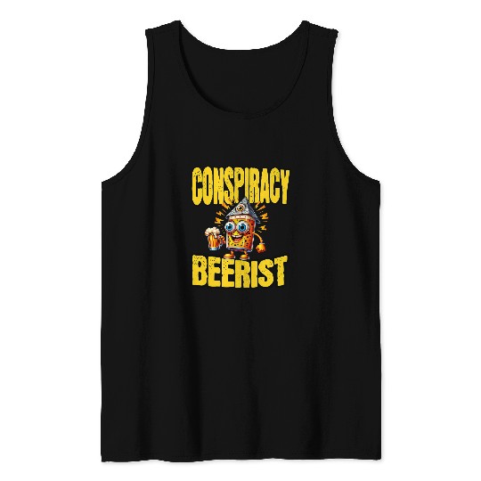 Beer Fun Conspiracy Brew Crew Discussing theories Over a Beer Mug Tank Tops
