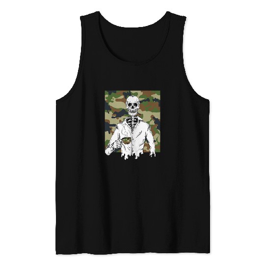 Coffee Fun Skeletons Driking Coffee Veterans Day Cool Camo Tank Tops