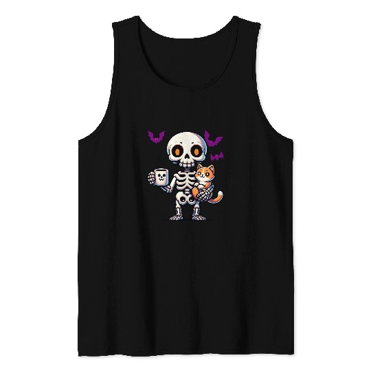 Coffee Fun Skeletons Cat and coffee spooky dad and mom for halloween Tank Tops