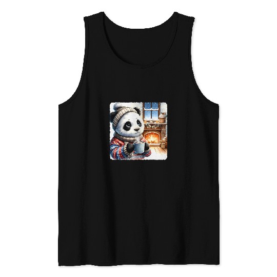 Panda Pet In Cozy Sweater Drinking Hot Cocoa By Fireplace Snow Tank Tops