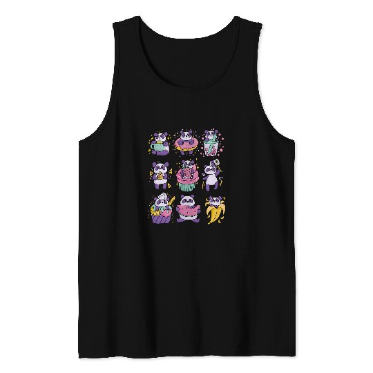 Coffee Fun Foodie Pandas with Coffee Donuts Pizza and Bubble Tea Tank Tops