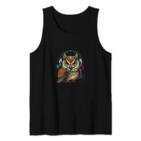 Owl Pet In Headphones Watercolor Splash Music Owl Tank Tops