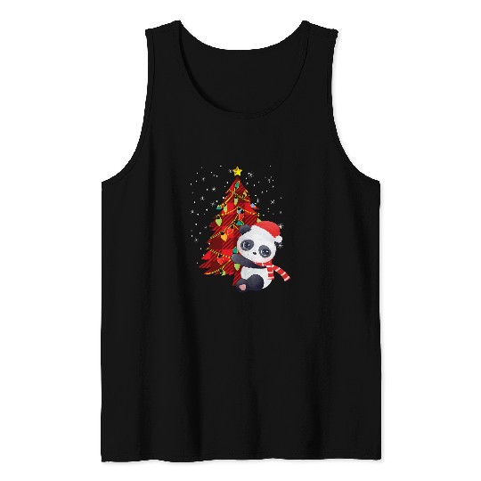 Panda Pet Christmas Tree Lights Santa Hat Family Matching Outfit Tank Tops