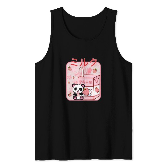 Panda Pet Strawberry Milk Carton Retro 90s Cute Kawaii Panda on Sakura Tank Tops