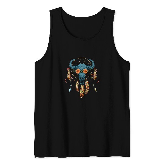 Bull Skull Dream Catcher Western American Indian Design Tank Tops