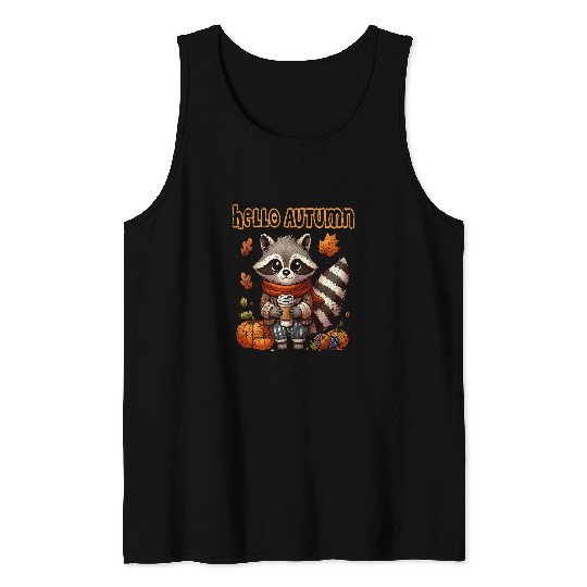Raccoon Pet Drinking Hot Chocolate Autumn Fall Season Leaves Tank Tops