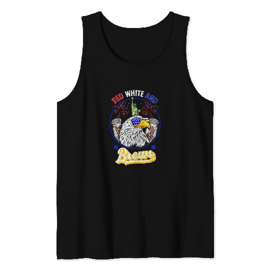 Beer Fun DISTRESSED RED WHITE and BREWS 4th of July Beer Alcohol Tank Tops