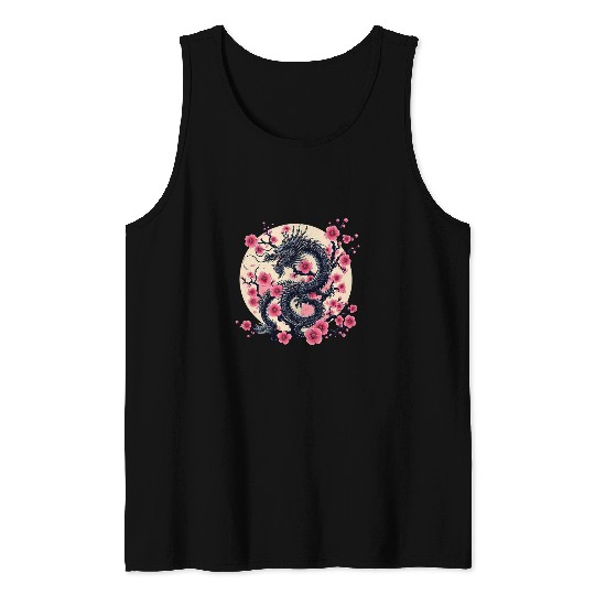 Dragon Pet Chinese Dragon Asian Art Cherry Blossom Pink Flower Tank Tops