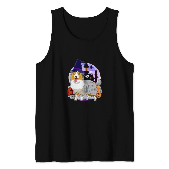 Australian Shepherd Cute Halloween Witch Pumpkin Tank Tops