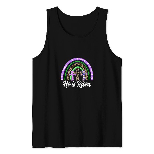 He Is Risen Leopard Rainbow Christian Jesus Happy Easter Day Tank Tops