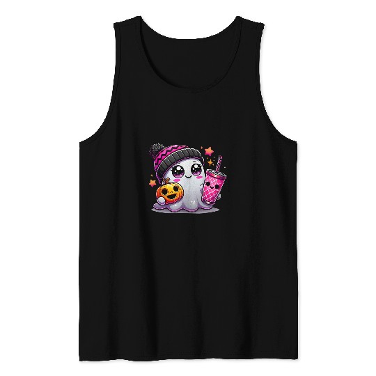 Coffee Fun Cute ghosts Drinking Coffee Halloween Ice Coffee Pumpkin Tank Tops
