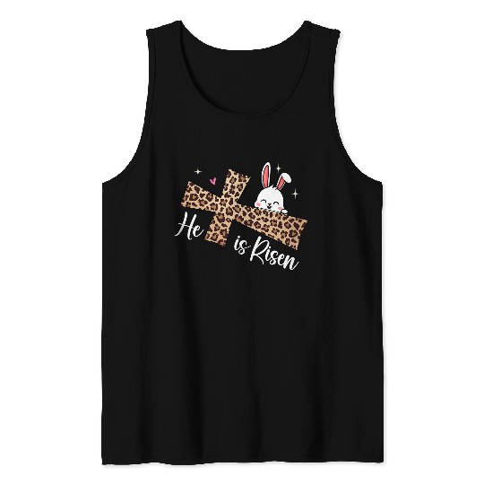 He Is Risen Leopard Cross Bunny Easter Day Christian Faith Tank Tops