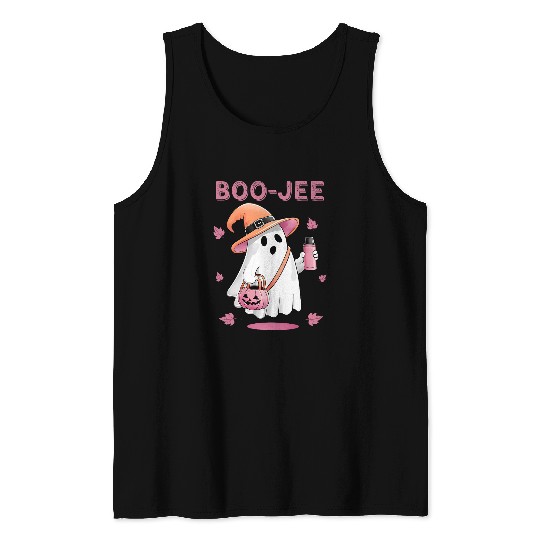 Coffee Fun Boo Jee ghosts Drinking Coffee Spooky Pink Funny Halloween Tank Tops