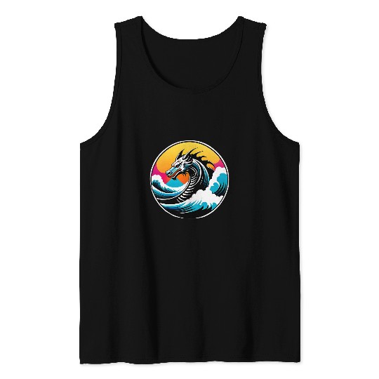 Dragon Pet Enigmatic Dragon and Waves Tribal Line Art Abstract Tank Tops