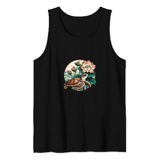 Turtle Pet Baby Sea Turtle with Lily pad and lilies Lotus flowers Tank Tops