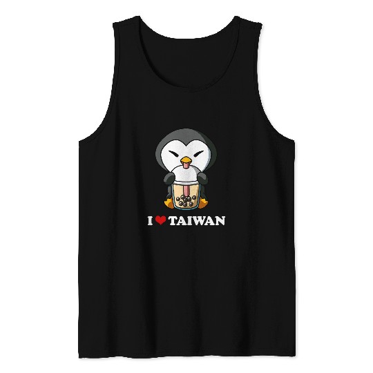 Penguin Pet Kawaii Cute Anime Penguin Bubble Tea I Love Taiwan Tank Tops